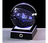 Boule de système solaire 3D en cristal K9 de 8 cm avec base lumineuse colorée LED noire, gravure, système solaire, étoile et planète, ornements, univers scientifique, astronomie, cadeaux pour homme