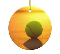 Boule de tennis de Noël en céramique, boule ronde imprimée double face avec ficelle dorée pour décoration de sapin de Noël, maison, magasin et bureau