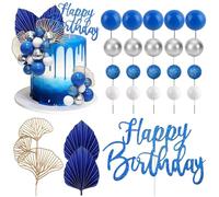 Boule Decoration Gateau Bleu et Argent Blanc 24 Pièces Boule Décoration Gâteau Blanche Happy Birthday Decoration Gateau Feuilles de Palmier et de Ginkgo pour Fête d'Anniversaire, Mariage