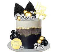 Boule Decoration Gateau Disco 25 Pièces Noir Or Argent Décoration Gâteau Anniversaire Deco Topper Gateau pour Cupcakes, Muffins, Glaces