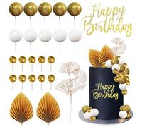 Boule Decoration Gateau Or et Blanc 24 Pièces Happy Birthday Decoration Cake Feuilles de Palmier Doré Feuille de Ginkgo Or pour Anniversaire, Mariage, Fête