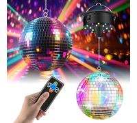 Boule disco avec moteur, moteur rotatif, réglable 5/8/10/15 tr/min, avec boule à facettes argentées de 15,2 cm et 4 lumières de couleur, 18 perles LED, télécommande pour fêtes, effets lumineux disco