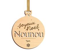 Boule "Joyeux Noël - Nounou" en Bois Personnalisée Avec Prénom Gravé, Suspension et Ornement de Sapin, Décoration de Noël