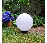 Boule lumineuse solaire LED Campinas en plastique blanc étanche, potelet de jardin de Ø 30 cm avec pieu de fixation, interrupteur on/off, 3000 Kelvin (blanc chaud)