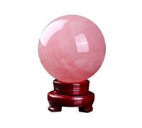 Boule Magique de Guérison Boule De Pierre Sphère Cristal Naturel avec Base en Bois, Rose, Décoration D'étude À Domicile Wicca Décoration(9cm)
