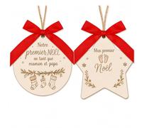 Boule Mon 1er Noel, Mon Premier Noel, Boule Mon Premier Noel, Lot de 2 décorations en Bois pour bébé et Parents, Souvenir de Noël avec nœuds Rouges pour Sapin et Cadeau Jeunes Parents
