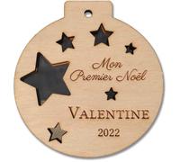 Boule Mon Premier Noël en bois et miroir personnalisable ""prénom + année"" - Diamètre 9 x 9 5 cm