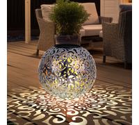 Lampe solaire à LED Décoration de jardin Lampe d'extérieur Lampe de terrasse argentée antique Lampe sphérique avec piquet de terre, découpes décoratives, métal, blanc chaud, DxH 28,5 x 40 cm