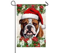 Bouledogue Anglais De Noël Avec Un Chapeau De Père Noël Drapeau Solide Drapeau De Jardin Décoratif Garden Flag Pour Pelouse Extérieur Maison 30X45Cm