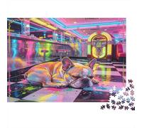 Bouledogue Diner Rétro Puzzle 1000 Pièces Papier Adultes Scène Nocturne Néon Jeu de Puzzle 1000 Pièces Détente Maison Cadeau Famille 52x38cm/1000pcs