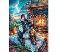 Bouledogue français au Coin du feu 500 Pièces Puzzle Collectionneur en Carton Haute Densité Épais Peinture à l'huile Animaux et Plantes Haute Difficulté Décoration Murale Oeuvre d'art Cadeau Noël Pr