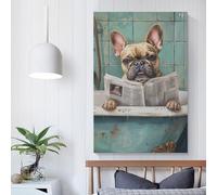 Bouledogue français dans la baignoire en train de lire, grandes images murales pour salon et chambre à coucher, 60 x 90 cm
