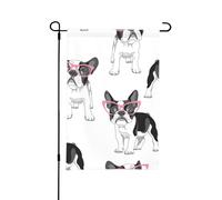 Bouledogue français noir de dessin animé, lunettes roses, chien blanc,Drapeau de jardin décoratif double face pour intérieur et extérieur, 30 x 45 cm