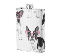 Bouledogue français noir de dessin animé, lunettes roses, chien blanc,Flasque de poche plate de 8 oz en acier inoxydable 304, idéale pour les activités de plein air.