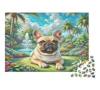 Bouledogue français Papier épais Bouledogue français dans Un Jardin Tropical avec Cascade Puzzle pour débutants Cadeau pour Enfants 38x26cm/1000 pièces