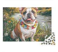 Bouledogue Français Rive Fleurie Puzzle 1000 Pièces Papier Puzzle pour Adultes Détente Maison 70x50cm/1000pcs