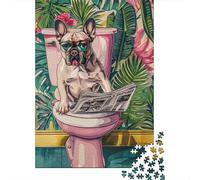 Bouledogue Français Salle de Bain Rétro Puzzle 1000 Pièces Puzzle pour Adultes Papier Relaxation Décor Cadeau Famille 52x38cm/1000pcs