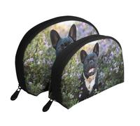 Bouledogue français se Tient dans Un Design de Fleurs, Trousse de Maquillage Coquille Femme Petit Porte-Monnaie Trousse de Toilette Trousse à cosmétiques 2 pièces