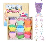 Boules de Bain Enfant avec Bijoux Surprise, 9x150g Bombes de Bain pour Enfants, Bombes de Bain Moussantes Organiques Naturelles pour Filles Pâques Noël Cadeau D'anniversaire avec Sacs