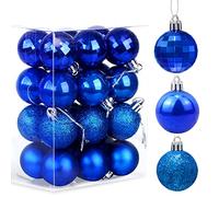 Boules de Noël Bleu, Décorations d'arbre De Noël,Boules de Décoration en Plastique Ø 4 CM, Surface Mate ou Brillante, avec Accroche Décoration Sapin, Lot de 24 pcs