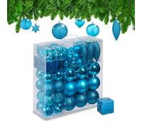Relaxdays Boules de Noël, Lot de 110, en Plastique, D : 6 cm, décoration de Sapin, avec Guirlande, pétrole