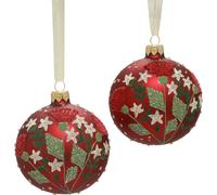 Boules de Noël en verre soufflé rouge avec motif de prairie, Boules de Noël artisanales, lot de 6 Ø8cm