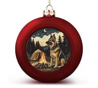 Boules de Noël incassables à suspendre en forme de chien de berger assis à côté d'un feu de camp - Boules de Noël rouges pour fêtes de mariage