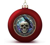 Boules de Noël incassables à suspendre en forme de tête de mort avec corbeau en verre teinté pour décoration de sapin de Noël, fêtes de mariage - Rouge