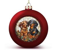 Boules de Noël incassables à suspendre en verre teinté avec deux teckels pour décoration de sapin de Noël - Boules rouges pour les vacances, les fêtes de mariage