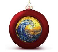 Boules de Noël incassables à suspendre en verre teinté avec motif vagues de l'océan bleu et jaune pour décoration de sapin de Noël, fête de mariage