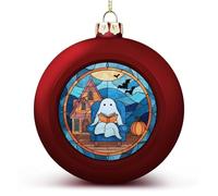 Boules de Noël incassables à suspendre en verre teinté - Motif fantôme mignon lisant un livre - Rouge