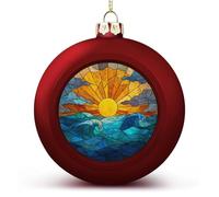 Boules de Noël incassables à suspendre en verre teinté style mosaïque soleil et vagues de l'océan pour décoration de sapin de Noël, fête de mariage (rouge)