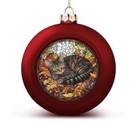 Boules de Noël incassables à suspendre en vitrail en forme de chat tigré avec feuilles d'automne pour décoration de sapin de Noël, boules de Noël rouges pour fêtes de mariage