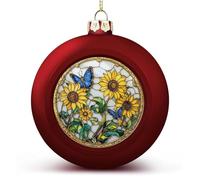 Boules de Noël incassables à suspendre en vitrail en forme de tournesols et papillons pour décoration de sapin de Noël, fêtes de mariage - Rouge