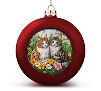 Boules de Noël incassables en verre teinté avec deux chats et fleurs à suspendre pour décoration de sapin de Noël, boules de Noël rouges pour fêtes de mariage