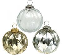 Boules de Noël vintage en verre Ø10,5cm, set de 3, motif en losange, décoration d'arbre avec crochet, transparent, argent, or