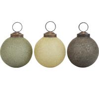 Boules de Noël Vintage Verre Floqué Ø6cm Jaune Vert Gris Set de 3
