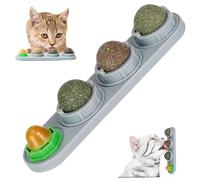 Boules d'herbe à Chat, 4 Saveurs, rotatives à 360°, comestibles, Support Mural avec Couvercle Anti-humidité, Boule énergétique pour Chat, Jouet interactif pour soulager l'anxiété et lécher