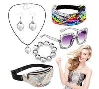 Boules disco Boucles d'oreilles Bracelet Années 70 Disco Bandeau Boule Disco Bracelet Boucles d'oreilles Sac Banane | Accessoires de costume de fête de danse 60 et 70 | 6 pièces/ensemble paillettes