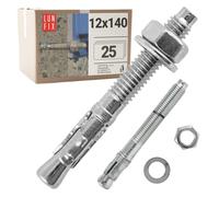 Boulons ancrage béton 12x140 25 pcs - Cheville molly acier zingué avec goujon, tige filetée, écrou, rondelle - Fixation charge lourde, vis béton, scellement chimique, Ancrage robuste Lun Fix
