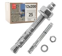 Boulons ancrage béton 12x200 25 pcs - Cheville molly acier zingué avec goujon, tige filetée, écrou, rondelle - Fixation charge lourde, vis béton, scellement chimique, Ancrage robuste Lun Fix
