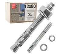 Boulons ancrage béton 12x80 25 pcs - Cheville molly acier zingué avec goujon, tige filetée, écrou, rondelle - Fixation charge lourde, vis béton, scellement chimique, Ancrage robuste Lun Fix