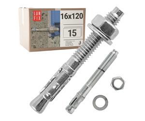 Boulons ancrage béton 16x120 15 pcs - Cheville molly acier zingué avec goujon, tige filetée, écrou, rondelle - Fixation charge lourde, vis béton, scellement chimique, Ancrage robuste Lun Fix