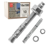 Boulons ancrage béton 16x180 10 pcs - Cheville molly acier zingué avec goujon, tige filetée, écrou, rondelle - Fixation charge lourde, vis béton, scellement chimique, Ancrage robuste Lun Fix