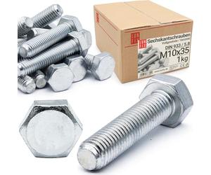 Boulons hexagonaux M10x35 DIN 933 acier galvanisé 5.8, filetage complet, vis hexagonales, visserie boulonnerie pour assemblage métal, construction, bricolage, 1 kg (env. 30 pcs)