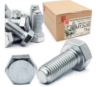 Boulons hexagonaux M12x30 DIN 933 acier galvanisé 8.8, filetage complet, vis hexagonales, visserie boulonnerie pour assemblage métal, construction, bricolage, 1 kg (env. 26 pcs)