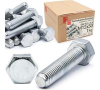 Boulons hexagonaux M12x50 DIN 933 acier galvanisé 8.8, filetage complet, vis hexagonales, visserie boulonnerie pour assemblage métal, construction, bricolage, 1 kg (env. 19 pcs)