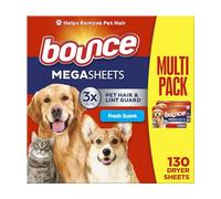 Bounce Lot de 130 feuilles de séchage pour poils d'animaux et peluches avec 3 combattants pour poils d'animaux, parfum frais, l'emballage peut varier
