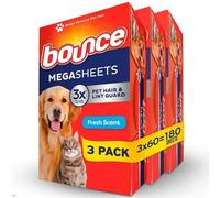 Bounce Bounce Lot de 180 feuilles d'adoucissant pour poils d'animaux et anti-peluches avec 3 combattants pour poils d'animaux, parfum frais, feuilles de séchage, feuilles de linge, grande feuille