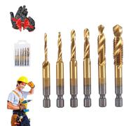 Boundbreed/Beneficiak 3 in 1 Spiral Tap Hex Shank Drill Bit Set, Metric Combination Threading Tools Kit, 1/4" Hex Shank 3 Functions in 1, Professional Thread Tap Drills Bit Tools Kit (Gold x 5Pc)